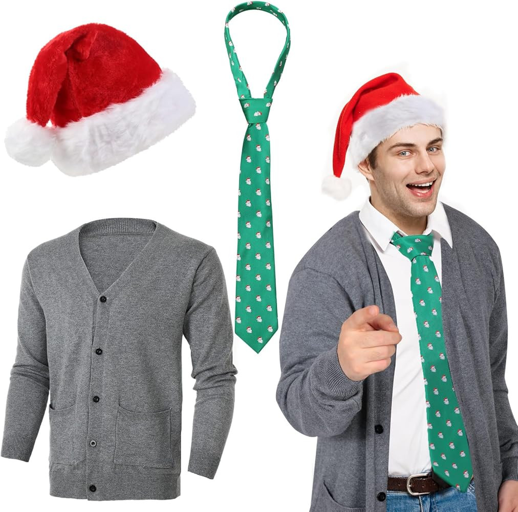 Suhine 3 Pcs Christmas Men 1980s Movie Costume Cardigan Sweater Christmas Tie Santa Hat for Adult... | Amazon (US)