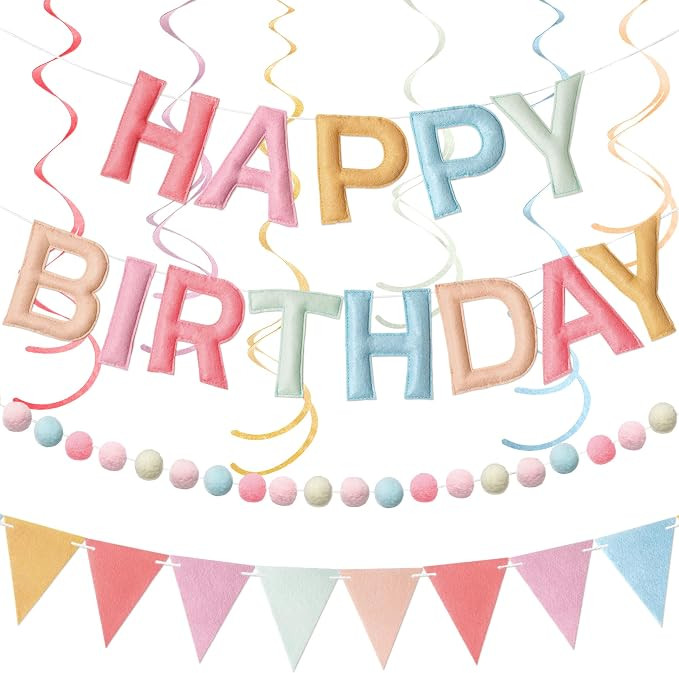 Pre-Strung Felt Happy Birthday Banner Retro Pastel Happy Birthday Party Decorations with Pom Pom ... | Amazon (US)