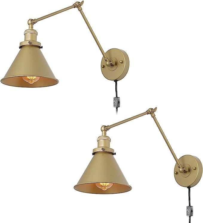 LNC Gold Wall Sconces, Swing Arm Wall Lamp Adjustable Plug-in or Hardwire Light Fixture, 2 Pack | Amazon (US)