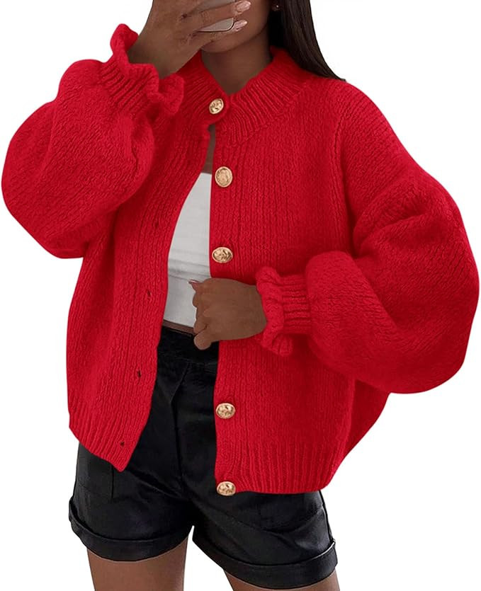 PRETTYGARDEN Womens Cropped Cardigans Trendy 2025 Ruffle Open Front Chunky Knit Sweater Oversized... | Amazon (US)