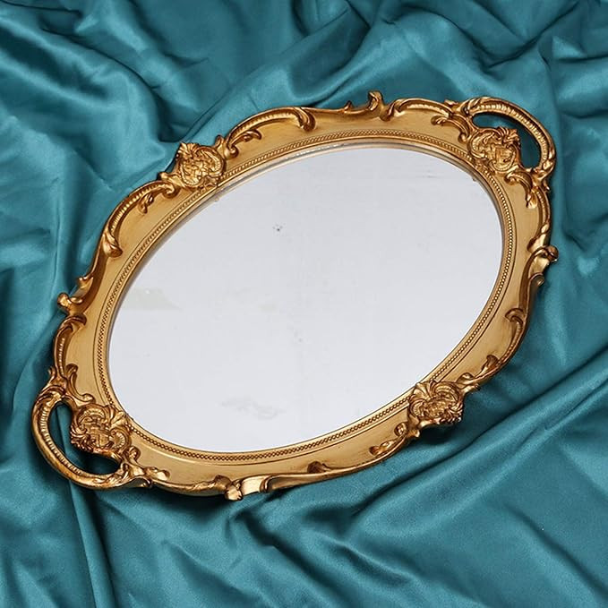 Oval Vintage Decorative Mirror Tray, Jewelry Dresser Organizer, Cosmetics Makeup Storage, Serving... | Amazon (US)