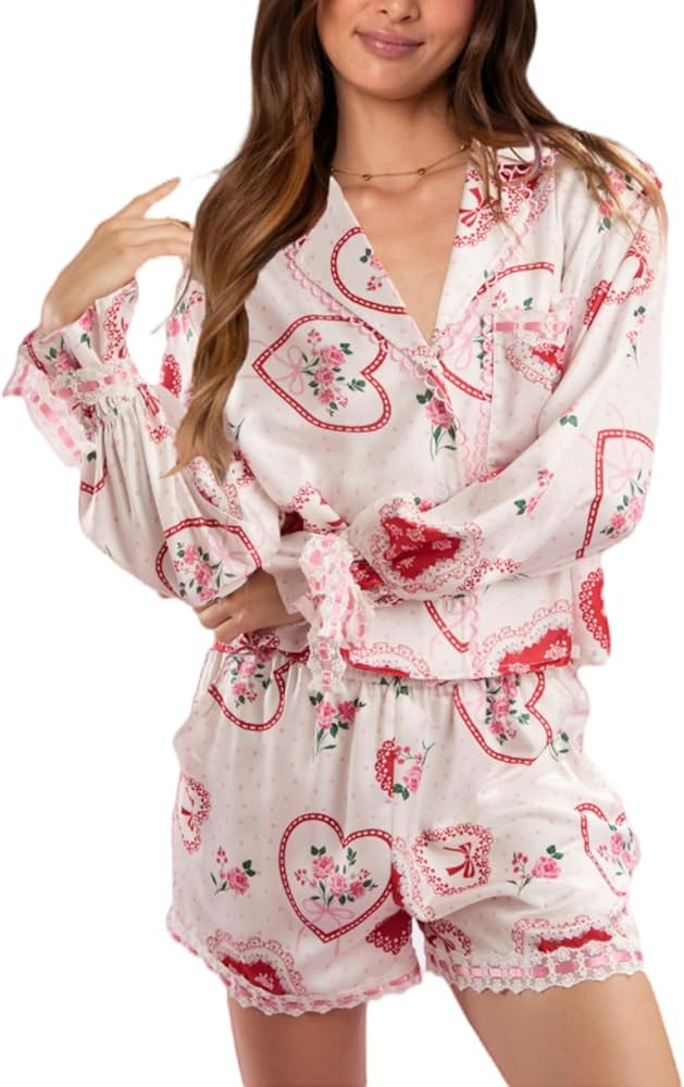 LILTWIST Cute Bow Pajamas for Women Silk Satin Y2k Floral Print 2 Piece Pjs Bow Tie Long Sleeve S... | Amazon (US)