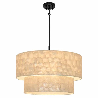 Seashell Double-Layer Drum Pendant Light with Brass Finish – Coastal Farmhouse Chandelier for Dining Room, Living Room, Kitchen Island | Wayfair North America