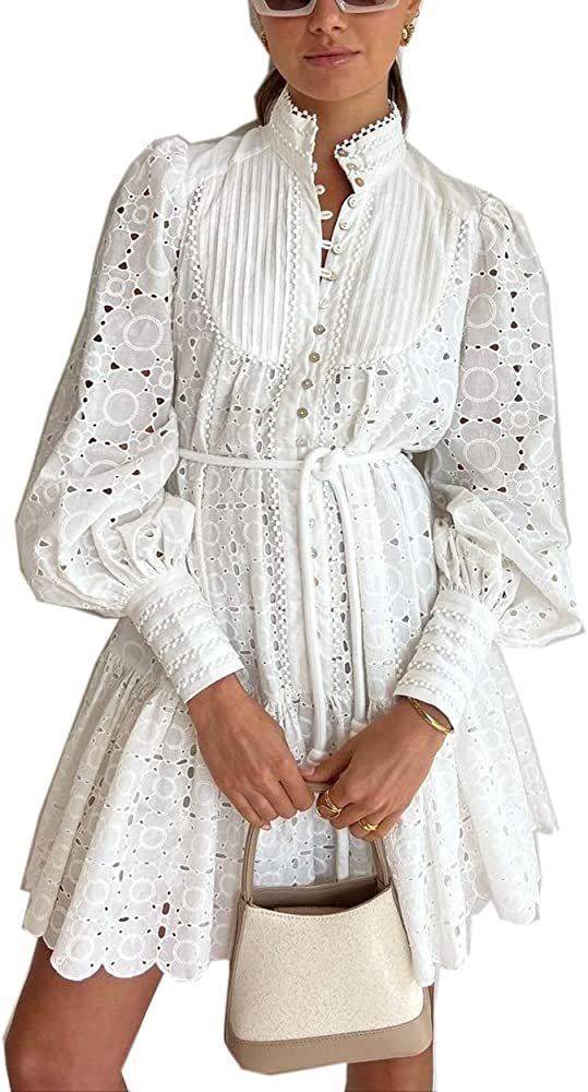 Roiii Women A-Line Lace Loose Baroque Button Down Long Sleeve Casual Dresses V Neck Embroidery Pa... | Amazon (US)