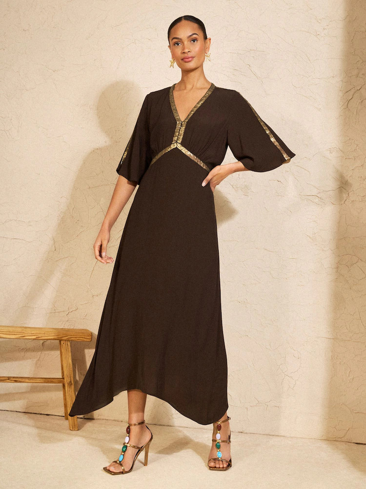 Love & Roses Chocolate Brown Sequin Trim Hanky Hem Midi Dress | Next US