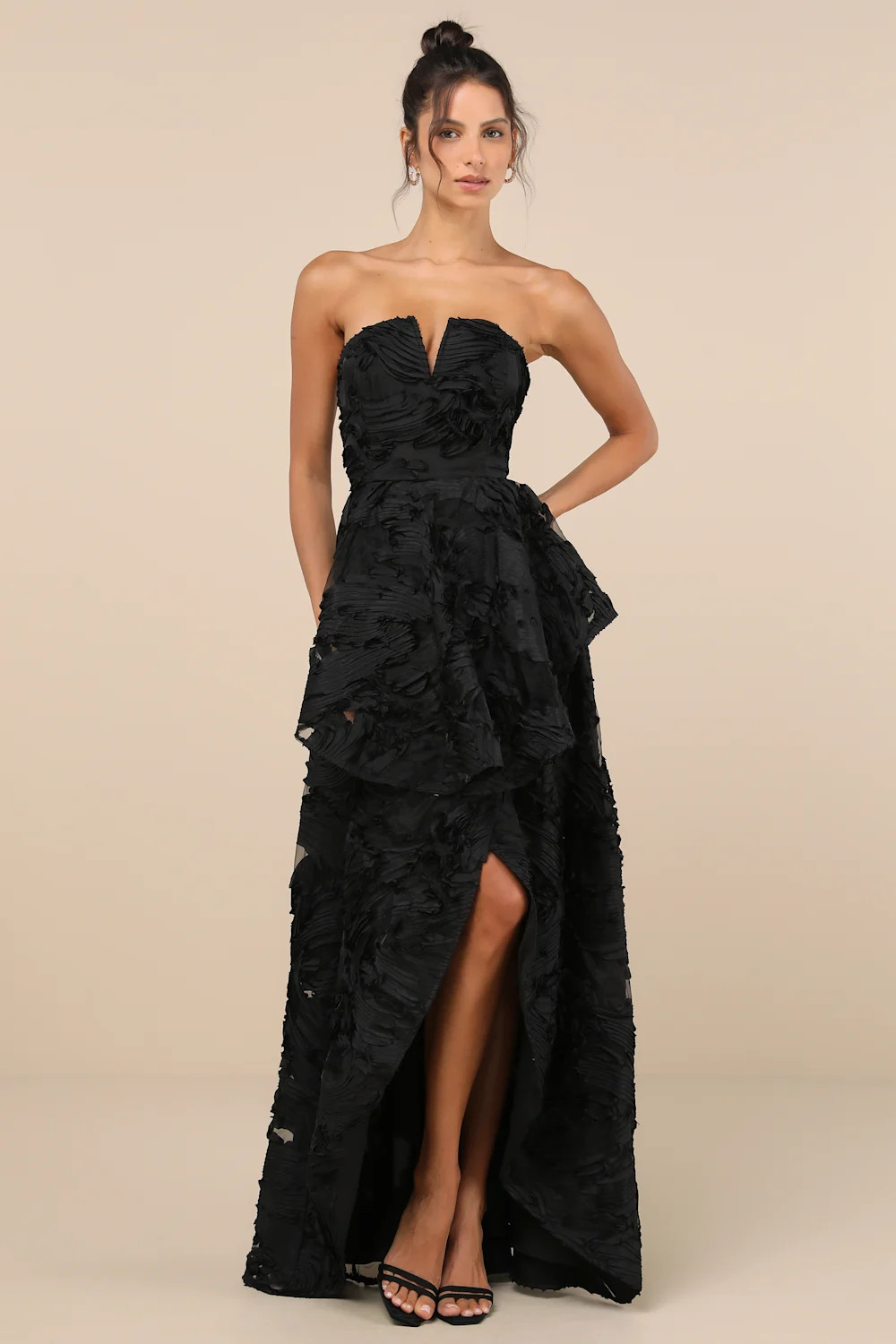 Majestic Glam Black Strapless Textured High-Low Maxi Dress | Lulus