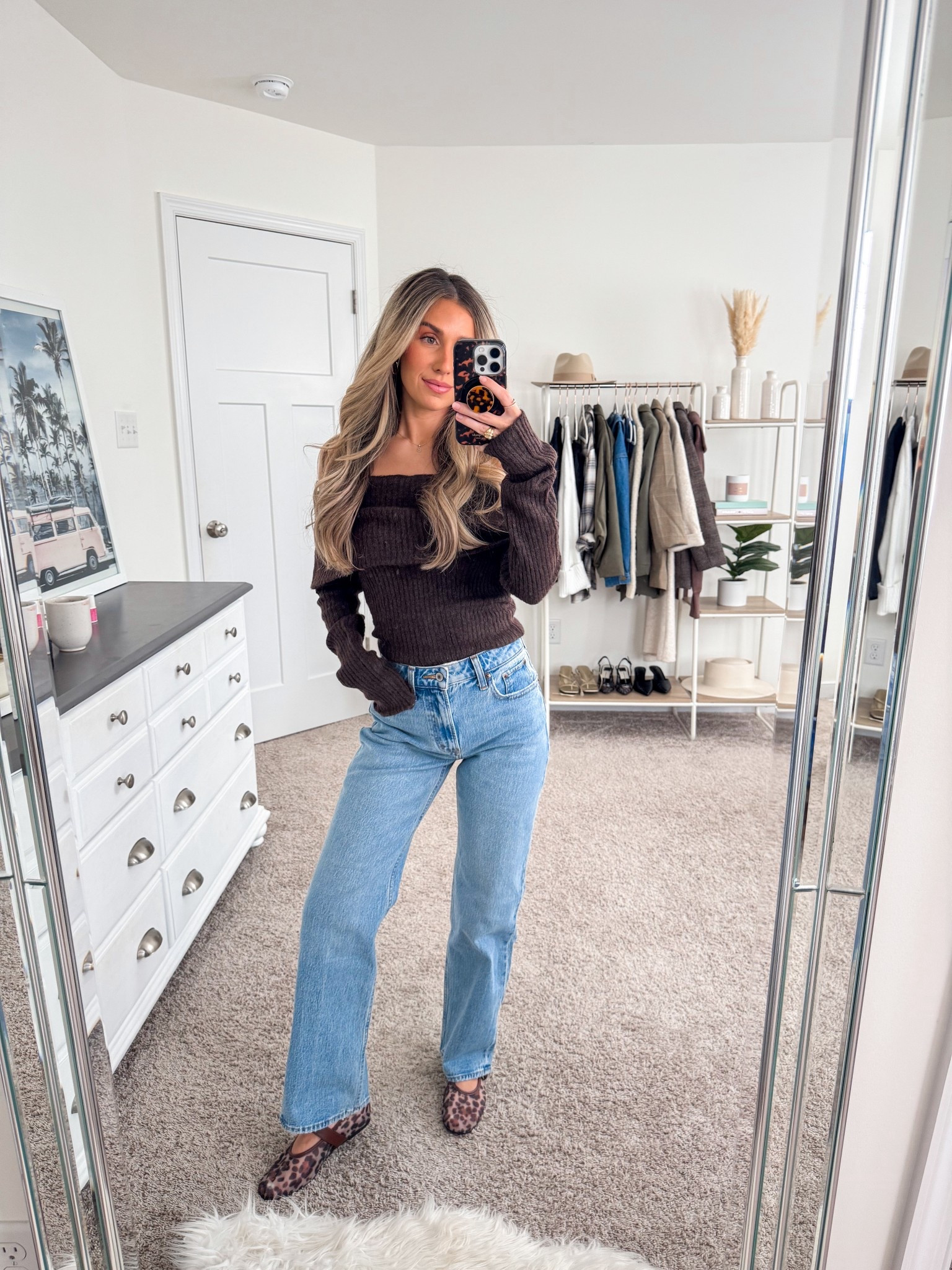 Casual fall outfit 
+ brown off the shoulder sweater: xs 
+ 90s relaxed jeans: 24 short 
+ leopard mesh flats: true to size 

#LTKSeasonal #LTKFindsUnder50 #LTKFindsUnder100