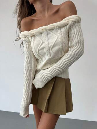 SHEIN Aloruh New Spring Autumn Unique Sexy Twist Knot Off-Shoulder Design Sweater | SHEIN