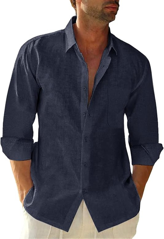 JEKAOYI Button Down Linen Shirts for Men Casual Long Sleeve Regular Fit Cotton Beach Shirts with ... | Amazon (US)
