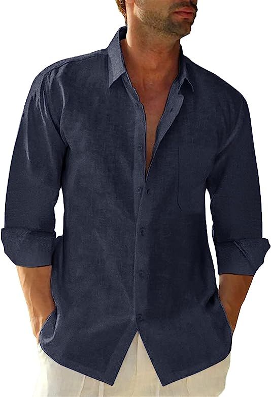 JEKAOYI Button Down Linen Shirts for Men Casual Long Sleeve Regular Fit Cotton Beach Shirts with ... | Amazon (US)