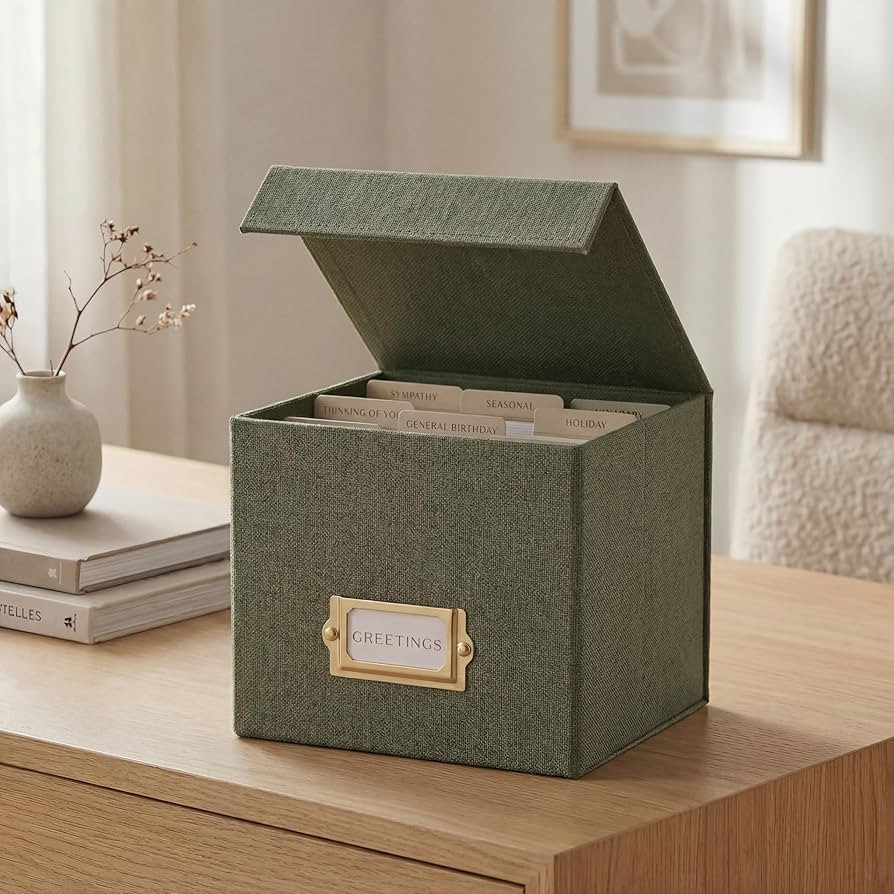 ZICOTO Beautiful Greeting Card Organizer Box With Dividers - Sturdy Linen Storage Box Easily Organizes All Your Greeting Cards in Style - Cute Card Holder Safely Stores Up to 300 Small Or Large Cards | Amazon (US)