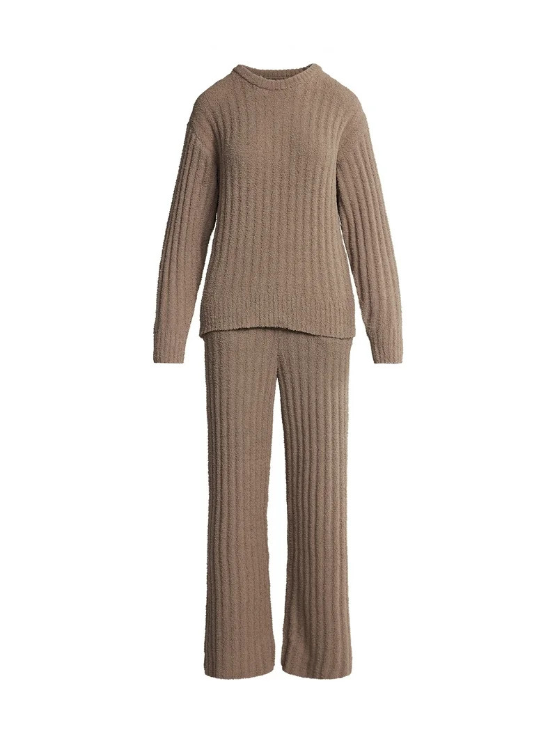 Joyspun Women's Cozy Ribbed Crewneck Top and Wide-Leg Pants Set, 2-Piece, Sizes XS-3X | Walmart (US)