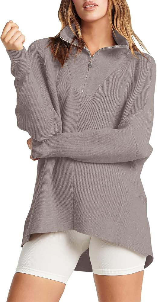 ANRABESS Women's 1/4 Zipper V Neck Collared Long Batwing Sleeve Oversized Slouchy High Low Knit T... | Amazon (US)