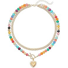 Layered Necklaces for Women, 14K Gold Plated Heart Pendant & Colorful Acrylic Beaded Choker, Cute... | Amazon (US)