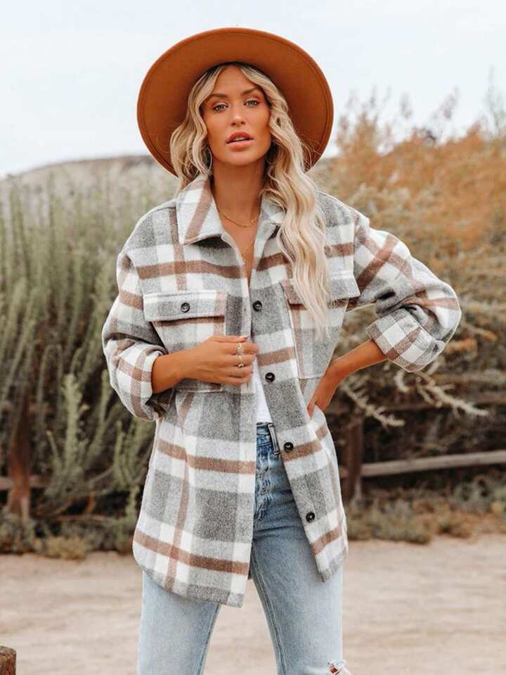 Plaid Flap Pocket Drop Shoulder Coat | SHEIN