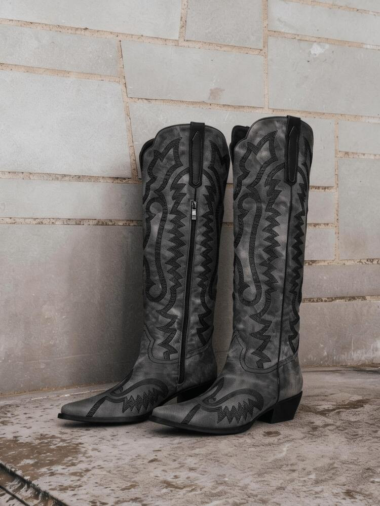 2025 New Women's Knee High Cowgirl Boots Low-Heel Side Zippers Chunky Heel Pull On Shoes Western Country Embroidery Style Sexy Fashion Winter Fall Boots For Women | SHEIN