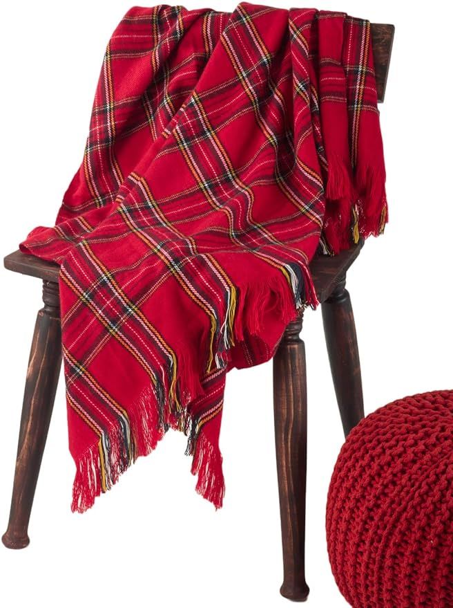 Fennco Styles Cozy Plaid Design Throw Blanket with Tassels, 50" x 60" (Red) | Amazon (US)