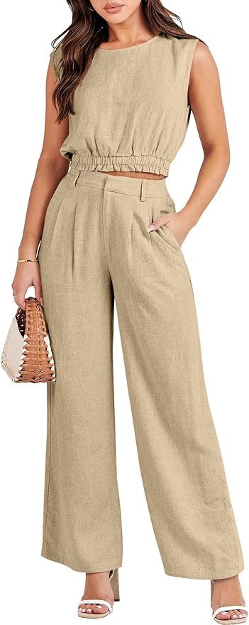 ANRABESS Women's 2 Piece Outfits Linen Crop Tank Top Lounge Matching Sets & Wide Leg Pants Tracks... | Amazon (US)
