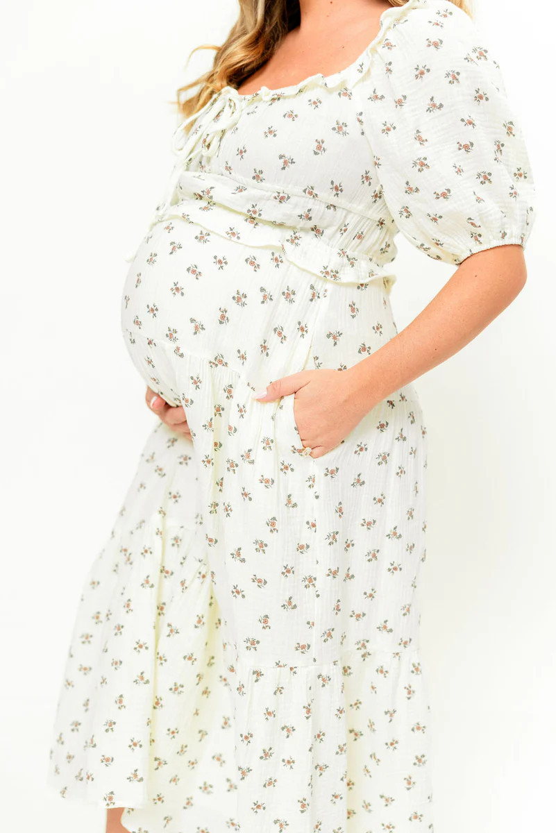 Landon 100% Cotton Ruched Puff Sleeve Ruffle Tiered Floral Midi Dress | Worth Collective