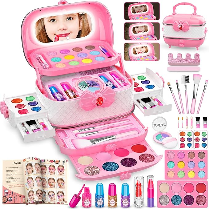 58Pcs Kids Makeup Kit for Girl - Real Washable Cosmetic Set with Light Up Mirror - Kids Makeup Se... | Amazon (US)