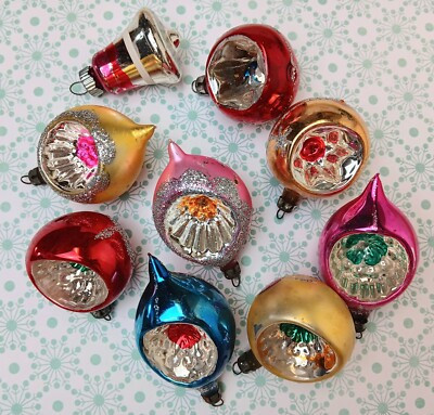 9 Vintage Indent Ornaments Lot Mercury Glass Shiny Brite Glitter Bell Teardrop  | eBay | eBay US