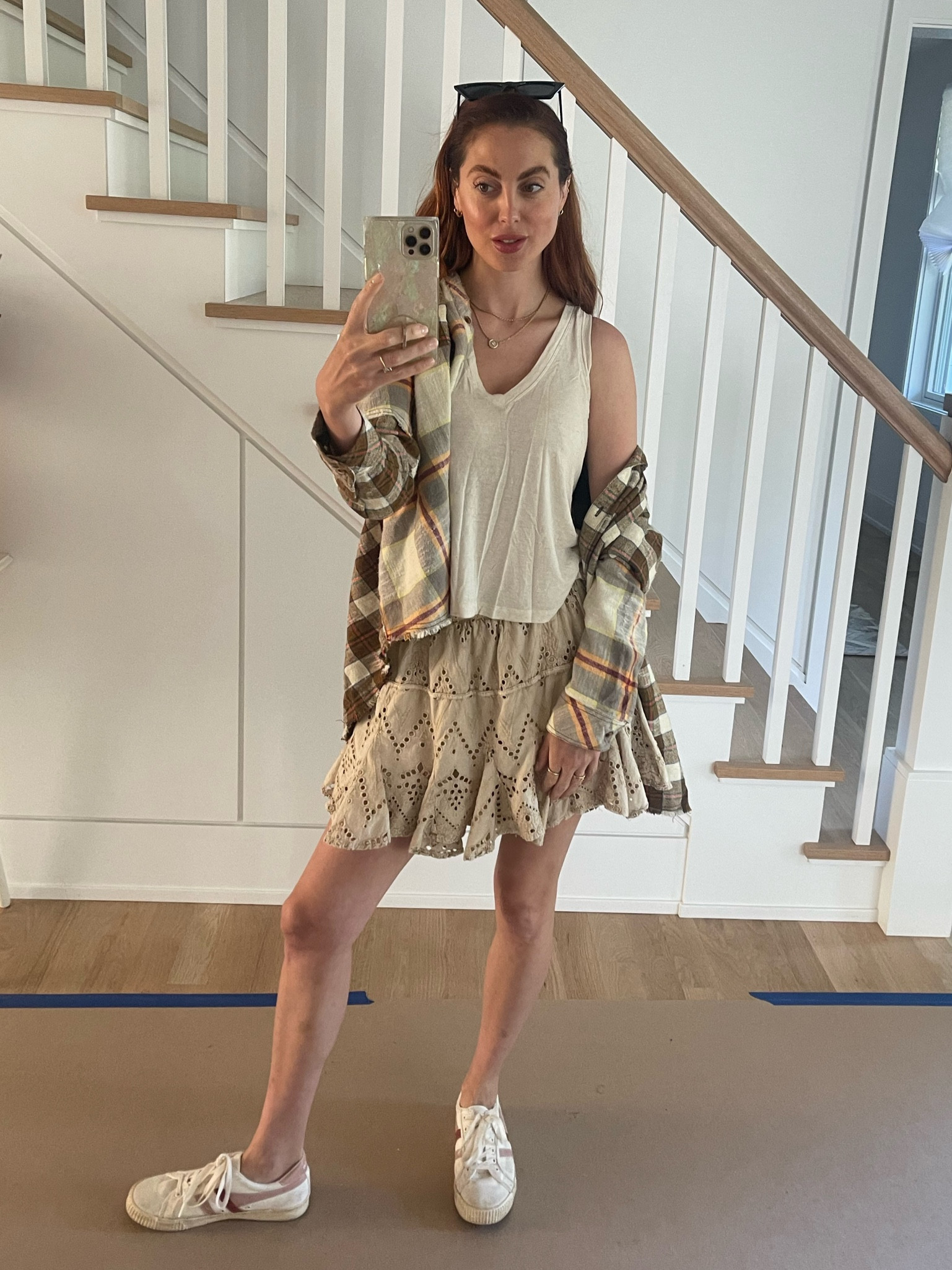 Easy outfit for running errands! I love this eyelet skirt (runs TTS) and tank with an oversized flannel thrown over  

#LTKstyletip #LTKSeasonal