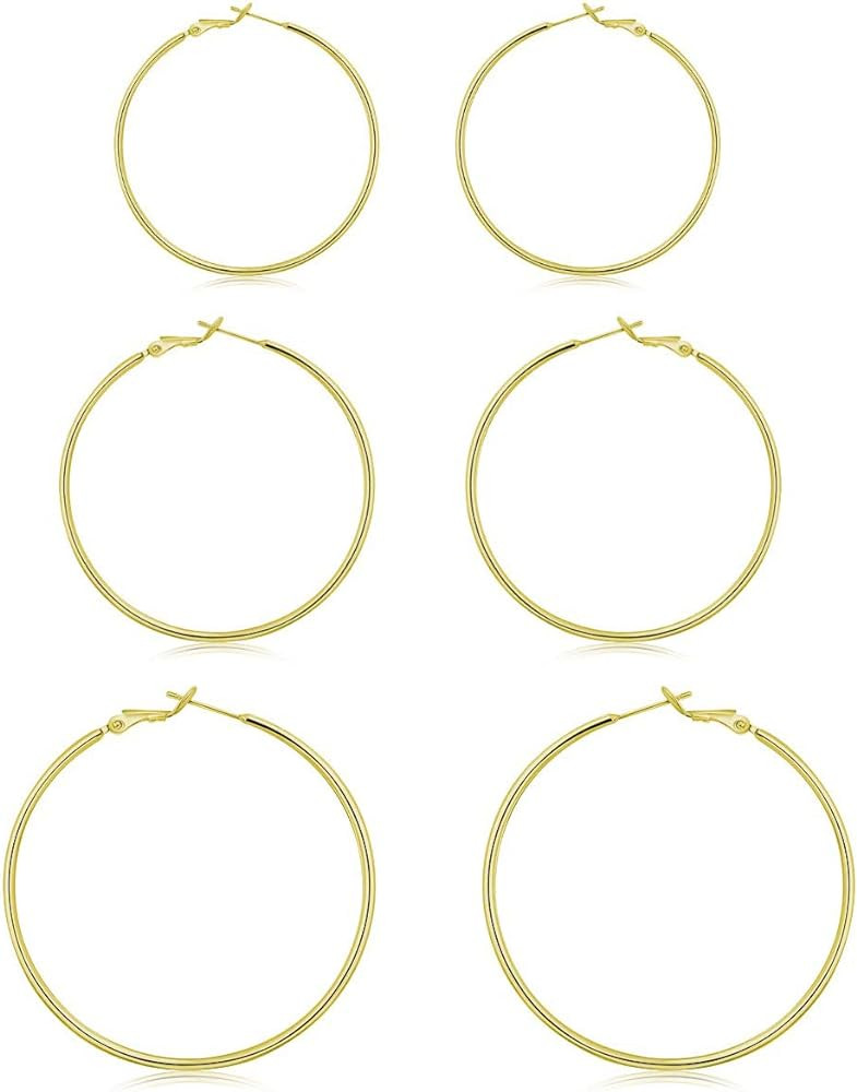 3 Pairs Sterling Silver Hoop Earrings - 14k White Gold Plated Hoop Earrings Big Hoop Earrings Set... | Amazon (US)