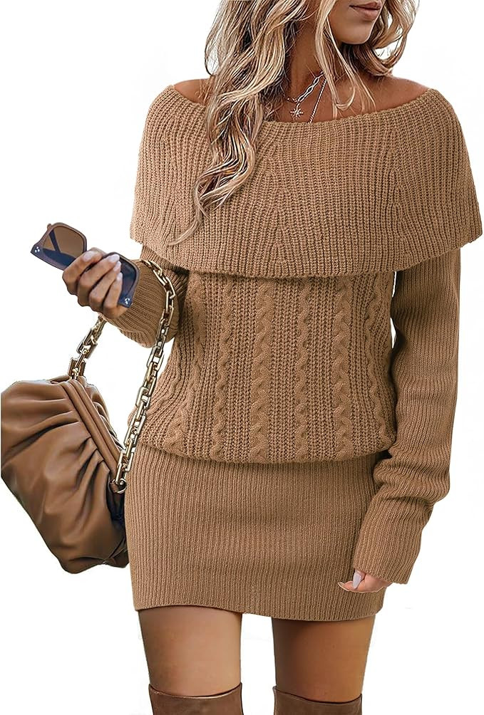 Bebonnie Women's Long Sleeve Cowl Neck Chunky Cable Knit Sexy Bodycon Mini Sweater Short Dress | Amazon (US)