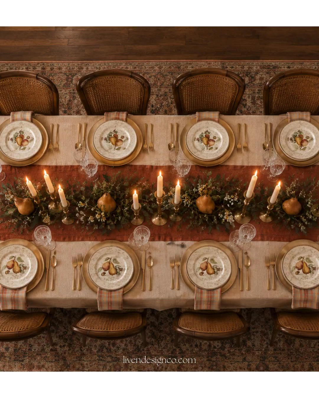 An elegant Thanksgiving table setting. Tablescape. Fall dining. Linen tablecloth. Table runner. Traditional table setting. Harvest. Dining centerpiece. Brass candlesticks. Pears. Dining room. Cane dining chair. Silverware. Glassware. Fall salad plates. China. White dinner plates. Plaid cloth napkins 

#LTKSeasonal #LTKHome #LTKSaleAlert