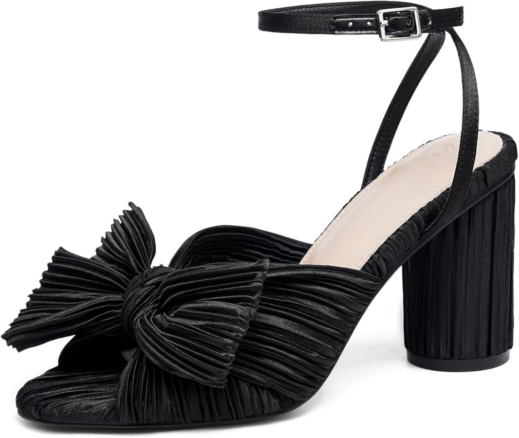 VETASTE Women's Bow Knot Heeled Sandals Bridal Wedding Open Toe Ankle Strap Chunky Heels | Amazon (US)