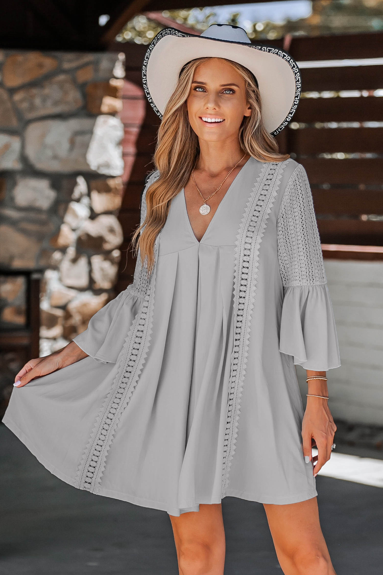 Lace V-Neck Flowy Mini Dress | Cupshe US