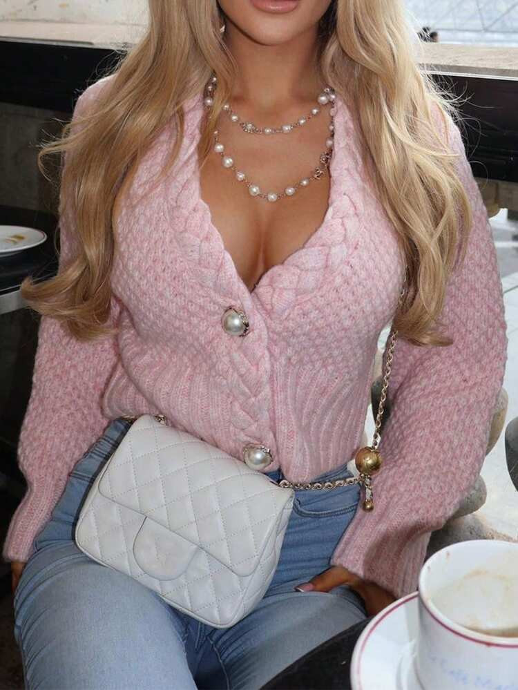 Pink braid detaill dropped Cardigan | SHEIN