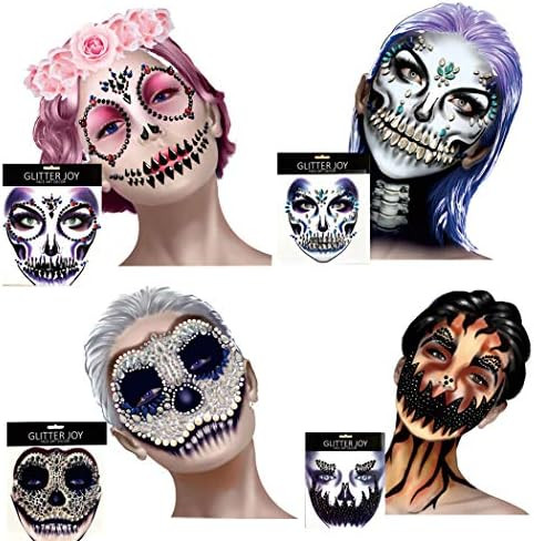 4 Pack Day Of The Dead Skull Temporary Rhinestone Face Tattoo,Face Stickers Gems Jewels for Hallo... | Amazon (US)