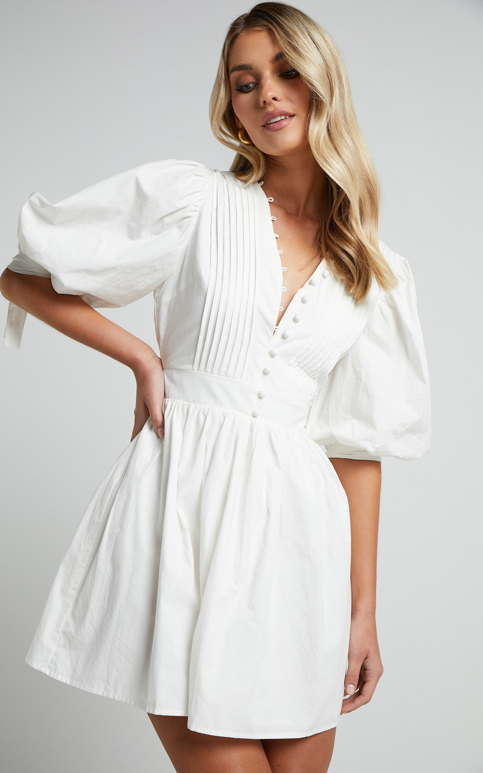 Zandra Mini Dress - Puff Sleeve Poplin Dress in White | Showpo (US, UK & Europe)