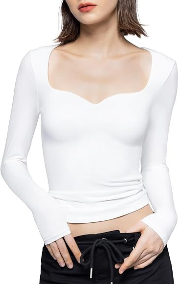 PUMIEY Women's Long Sleeve T Shirts Sweetheart Neck - Slim Fit Going Out Tops Sexy Basic Tee Smok... | Amazon (US)