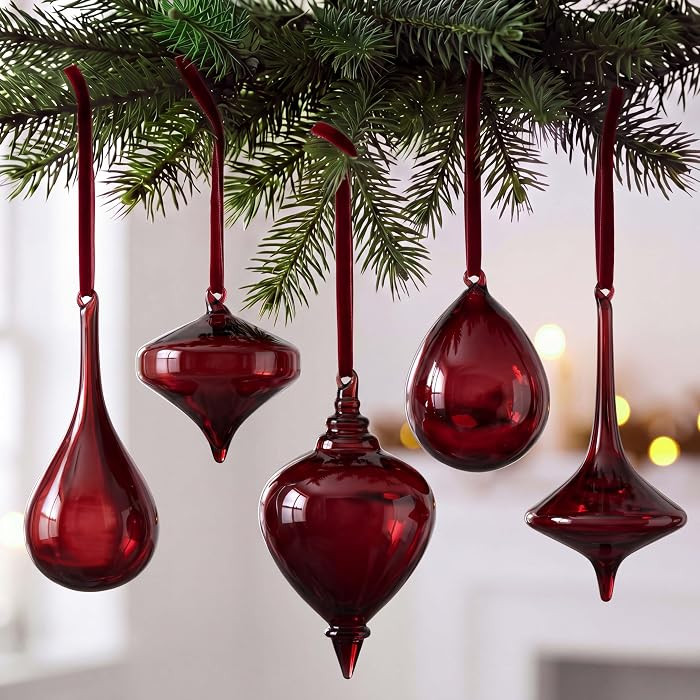 5 Pcs Burgundy Christmas Glass Finial Ornaments for Xmas Tree | Amazon (US)
