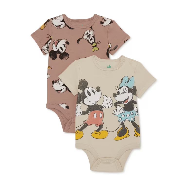 Mickey & Friends Baby Bodysuits with Short Sleeves, 2-Pack, Sizes 0/3M-24M | Walmart (US)