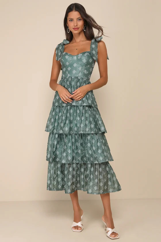 Gorgeous Excellence Teal Green Floral Burnout Tiered Midi Dress | Lulus