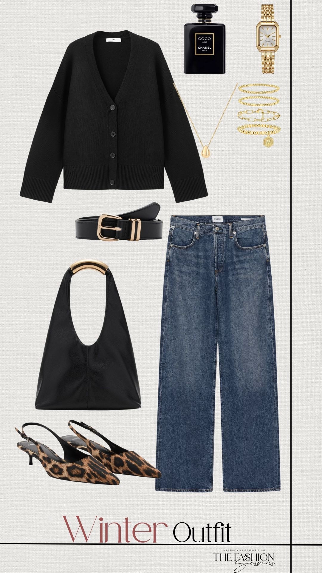 Winter Outfit | Black Cardigan |Denim Jeans | Sling Back Heels | Coco Chanel 