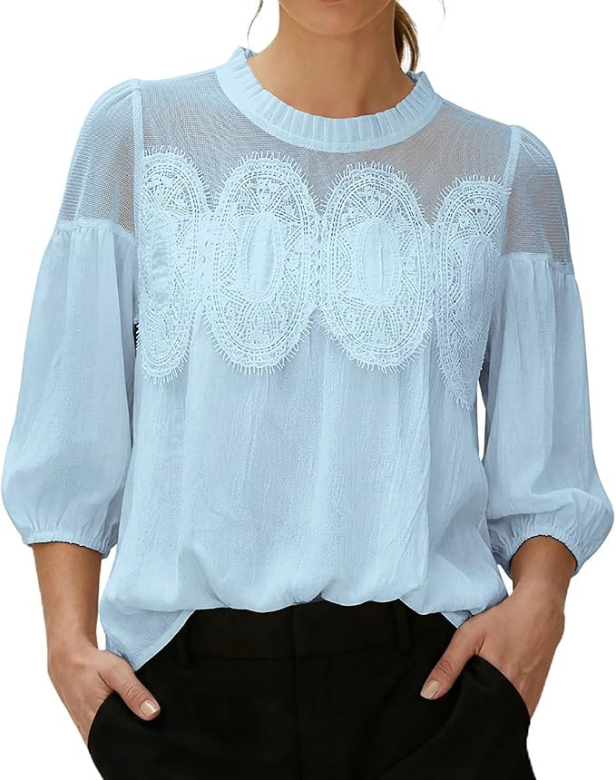 Bsubseach Women Lace Detail Blouses 3/4 Puff Sleeve Textured Swing Babydoll Mesh Top Crew Neck Em... | Amazon (US)