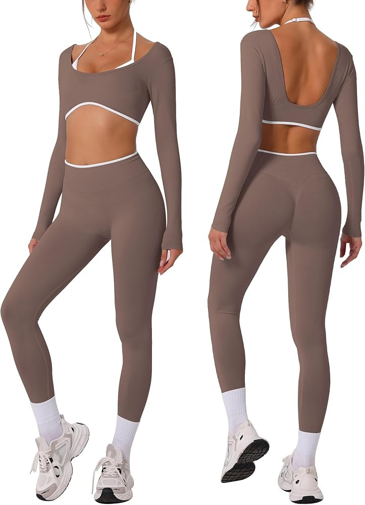 ABOCIW Workout Sets for Women Long Sleeve Crop Top Scrunch Butt Lifting High Waist Leggings 2 Pie... | Amazon (US)