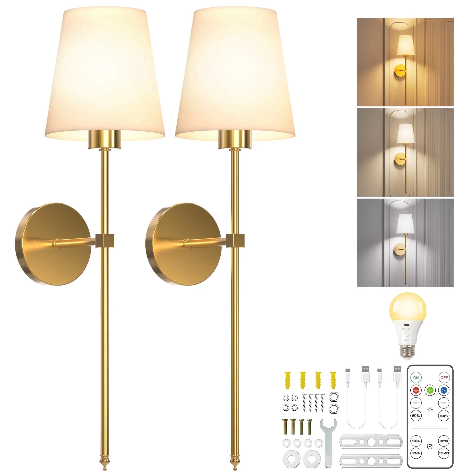 DAYBETTER Battery Operated Wall Sconces Set of 2, Wireless Rechargeable Hallway Light with Remote... | Walmart (US)