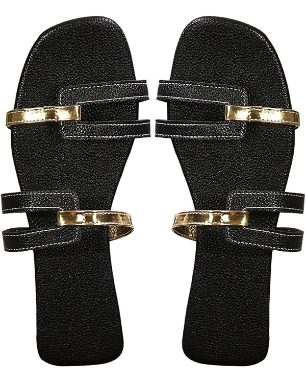 Women's Cut Out Sandal Leather Flat Sandal Dressy Open Toe Slip On Summer Vacation Flat Sandals | Amazon (US)