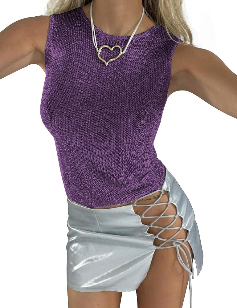 Meladyan Women Sexy Fishnet Knit Glittering Crop Tank Going Out Top Sheer Mesh Sleeveless Crewnec... | Amazon (US)