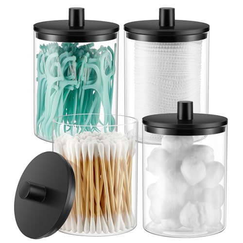 TIPGO Glass Qtip Holder Dispenser - 10 oz Clear Canister Apothecary Jar, Bathroom Vanity Storage Organizer Set for Cotton Swabs, Pads, Floss Picks, Small Containers for Makeup Storage (4 Pack, Black) | Amazon (US)