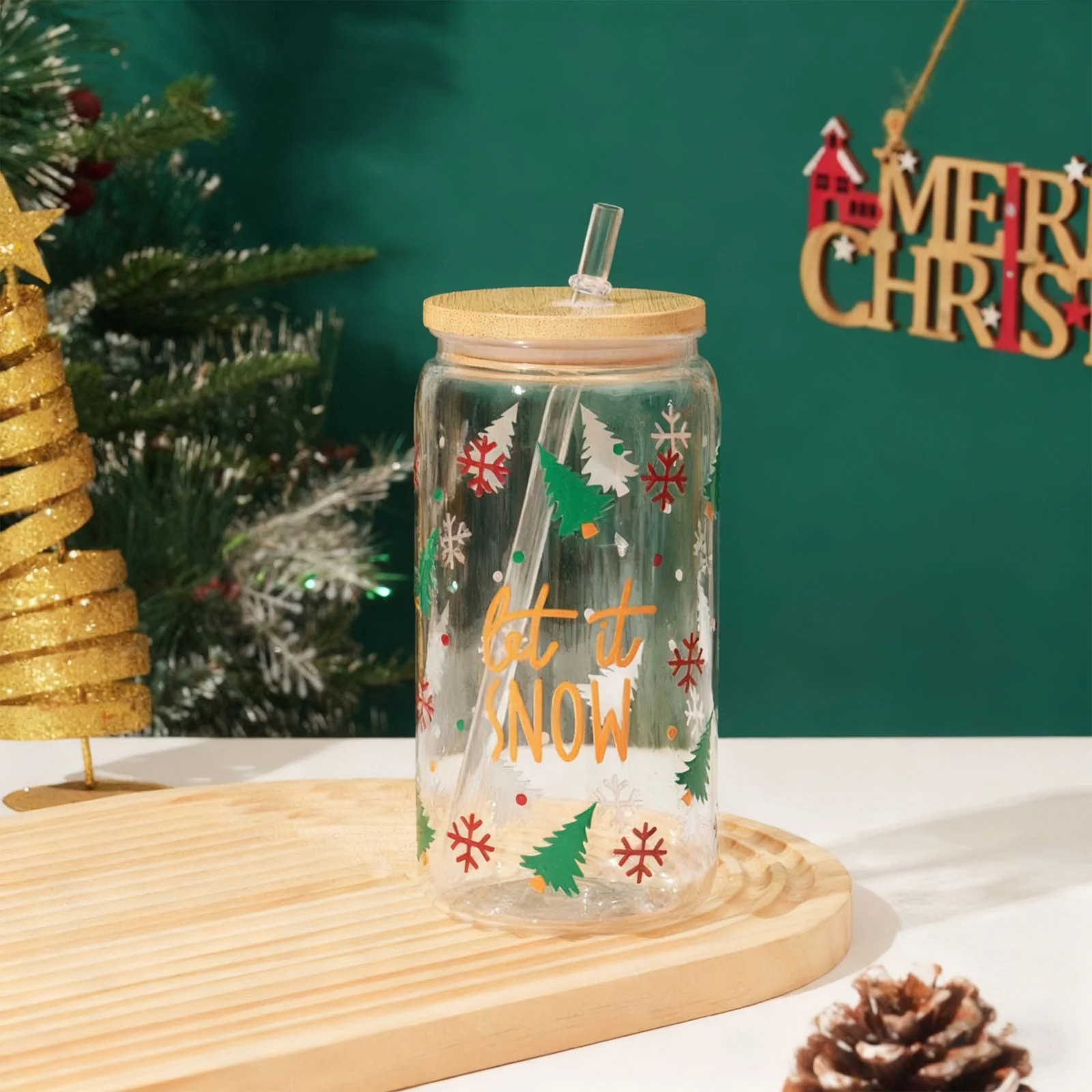 16Oz Christmas Glass Cups With Lids And Straws Drinking Glasses Cups Decor Glass Water Bottles Cu... | Walmart (US)