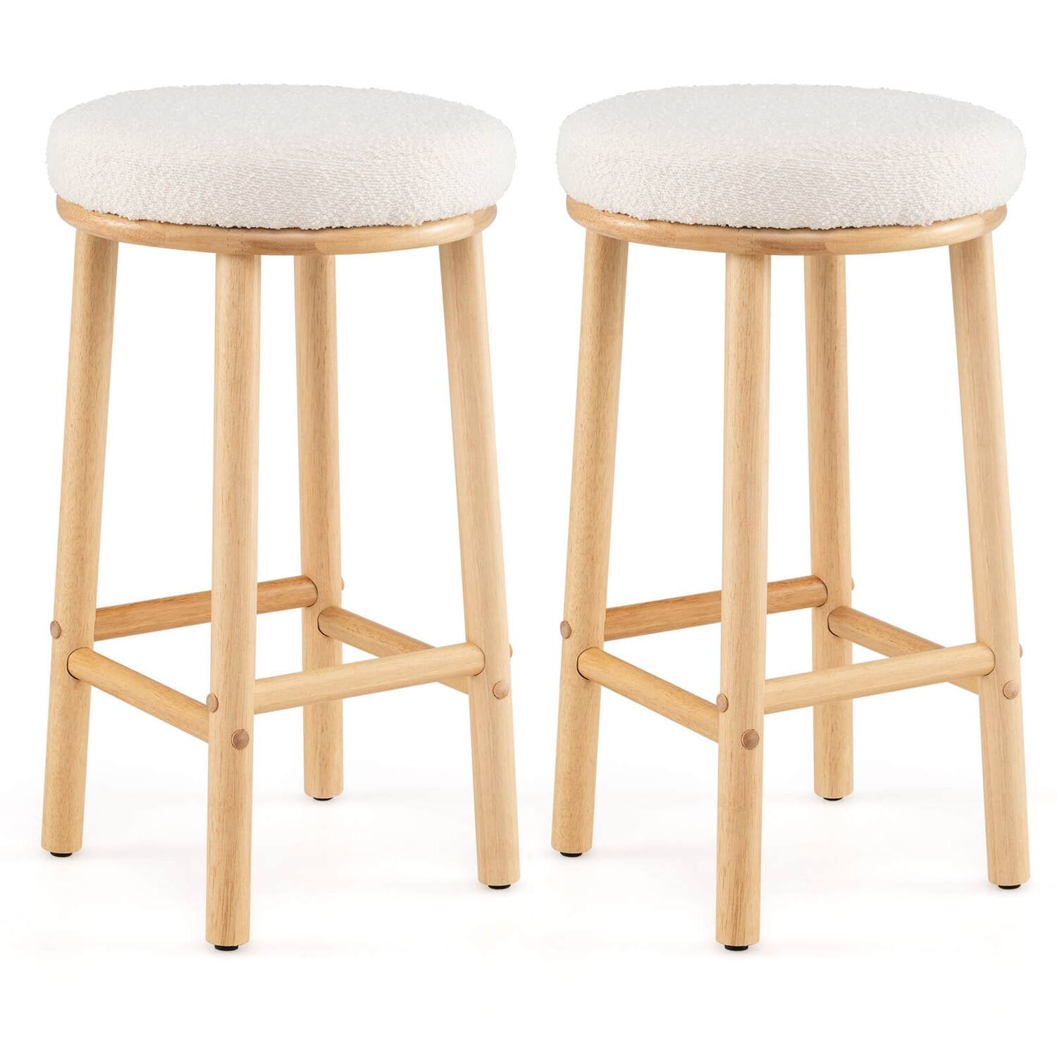 Costway - 27"" Bar Stools Set of 2 Upholstered Barstools with Boucle Fabric Seats Footrests - White,Natural | Best Buy U.S.