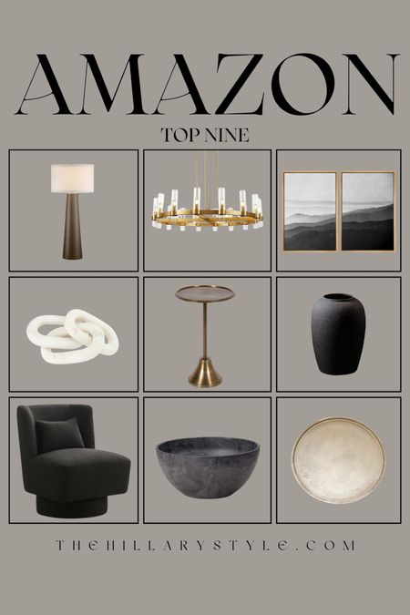 AMAZON Top Nine Modern Home: Black accent chair, gold side table, black ceramic bowl, decorative tray, gold tall lamp, black ceramic vase, white chain link, gold chandelier, abstract wall art.

#LTKSeasonal #LTKhome #LTKstyletip