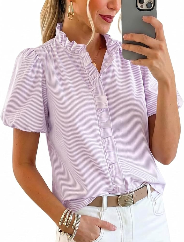 Womens Short Puff Sleeve Button Down Shirts Striped Ruffle Stand Collar Blouse Business Casual Pr... | Amazon (US)