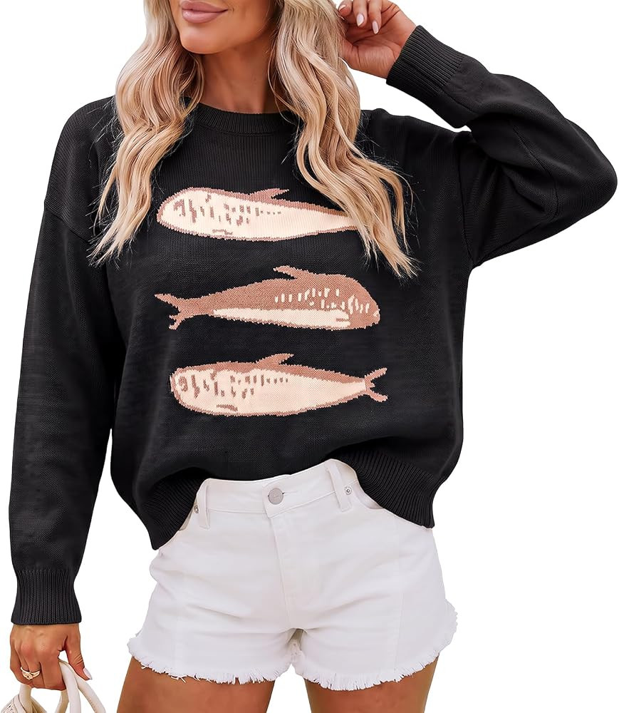 Cicy Bell Womens Fish Graphic Sweaters Lightweight Knit Crewneck Pullover | Amazon (US)